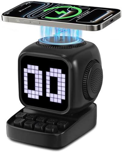 Image of Retro Robot 5-in-1 Bluetooth Speaker: 15W Wireless Charger, Pixel LED Screen, 10W Stereo Sound & 15 White Noise, Alarm Clock, Cute Portable Wireless Speaker for Bedroom Desk Office, Birthday Gifts
