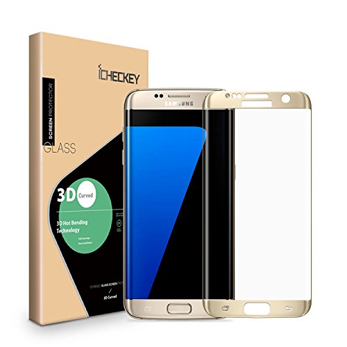 ICHECKEY Samsung Galaxy S7 edge Screen Protector, [Upgraded] 3D Curved Full Coverage Tempered Glass Screen Protector Cover for Samsung Galaxy S7 edge-Gold
