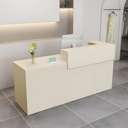 引き出しとオープンシェルフ付きのモダンな受付デスク 150x100x60cm フロントカウンターテーブル オフィス サロン 小売店 家庭用 ベージュのコンピューターワークステーション