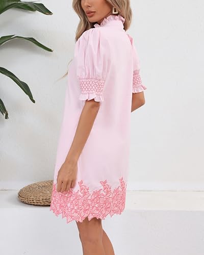 Women's Summer Embroidered Mini Dress Short Puff Sleeve Ruffle Collar Button Front Shift Dress3