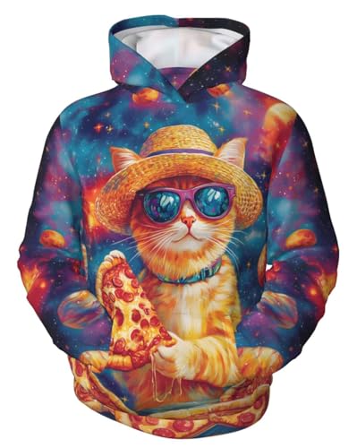 HaniLav Kids Novelty 3D Printed Sweatshirt Girl Boy Galaxy Pullover Hoodies,Galaxy Pizza Straw Hat Cat,S