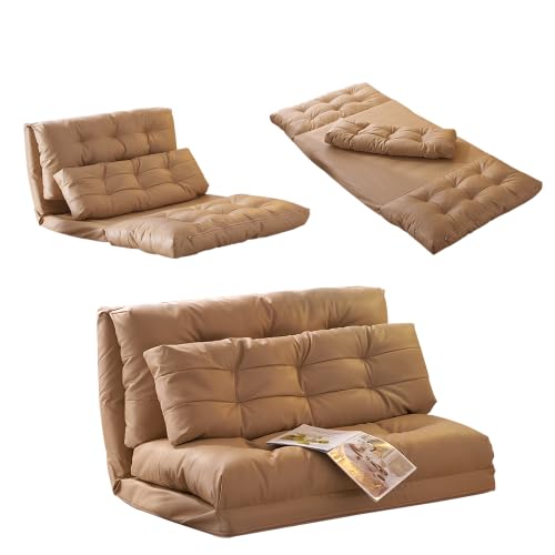 Kelfluxionソファ ソファーベッド レザー皮革/ワッフル織生地 幅108cm シングル 折りたたみ ソファベッド リクライニング 座椅子 2人掛け ローソファー 一人用 ベッド 極厚クッション ワンルーム マルチに使え (レザー皮革PU+カーキ)