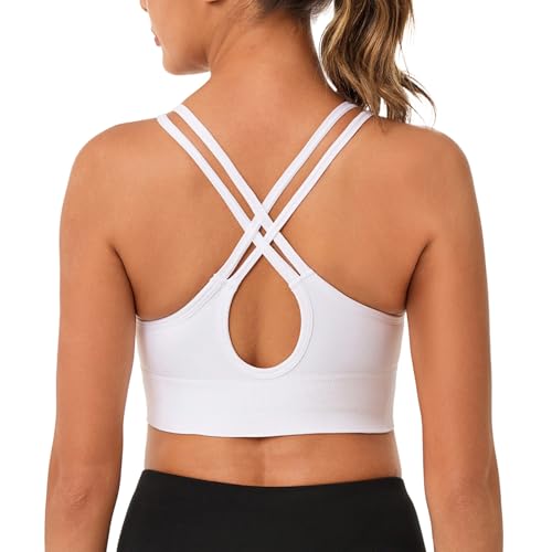 Leversic Sujetador Deportivo para Mujer Espalda Cruzada Tirantes Dobles Escote en U Sin Aros Almohadillas Desmontables Diseño Hueco Carvado para Fitness(Blanco,S)