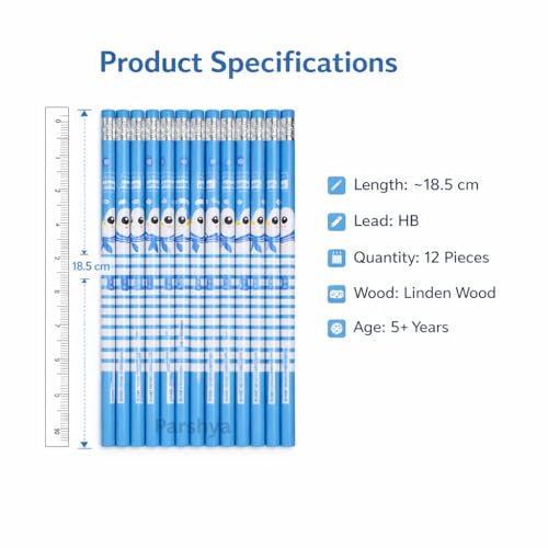 Image of KiddieWorld Premium HB Graphite Pencil Set for Kids & Students - Pack of 12 Dark Wood Pencils with Eraser - Ideal for School, Writing, Sketching, Exams & Gifting
