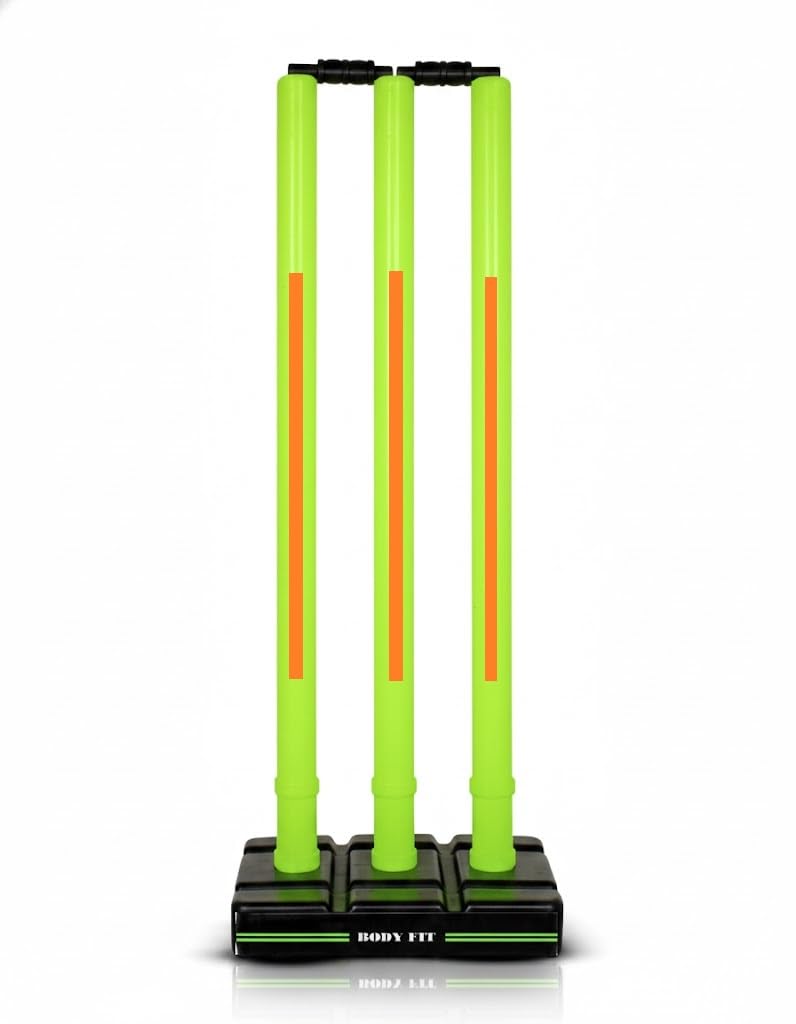 BodyFit Premium Cricket Wicket Set l Heavy Duty Plastic l Standard Size l 3 Stumps+2 Bails+1 Stand Set l Professional Quality for Cricket Ground, Match, and Tournament, Green-Orang.-image-10