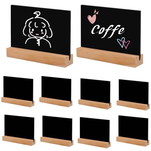 Teouuas 10 Piezas Mini Pizarra con Soporte, Madera Borrable Pizarras Pequeñas, Pizarra Pequeña Doble Cara, Mini Pizarras Borrables, Ideal para Etiquetas de Precio, Números de Mesa, Fiesta y Bar