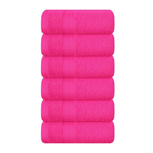 BOUTIQUO Ultra Soft Cotton 6 -Piece Hand Towel Set 16x24 Inch Ideal for use in Bathroom Kitchen Gym Spa & General Cleaning Compact & Lightweight Multi Purpose Hand Towels - Hot Pink
