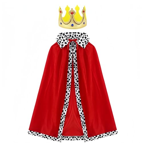Proumhang Kids King Cape,Kids Prince Cloak with Crown,Queen Royal Robe for Boys Girls,Coronation Cloak,80cm,Red with Crown