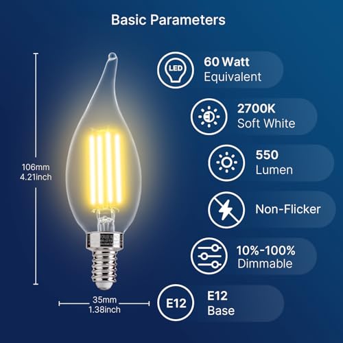 Image of FLSNT Candelabra LED Light Bulbs, CA11 LED E12 Chandelier Light Bulbs 60W Equivalent, 2700K Soft White, 550LM, 5.5W, 90+ High CRI, AC 120V, 12 Pack, Dimmable UL,CA65 Listed.