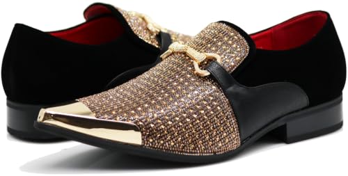 Image of Enzo Romeo Crisino Men Rhinestone Chrome Toe Suede Pointy Buckle Dress Loafer Slip On Shoes