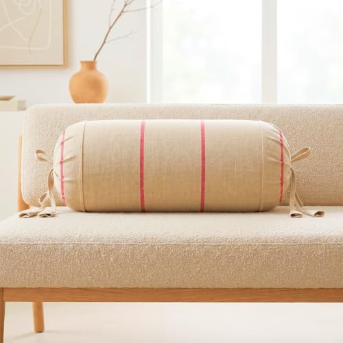 Image of SAJAVAT HOME 100% Cotton Striped Bolster Cover Pack of 2 15x30 | Textured Round Side Pillow Covers for Sofa, Bed & Diwan | Soft Breathable Bolster Pillow Covers | Beige with Red Pinstripe