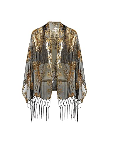 Image of BABEYOND 1920s Sequined Shawl Wraps for Women Fringed Evening Cape Wedding Bridal Shawl Scarf for Evening Dresses Party