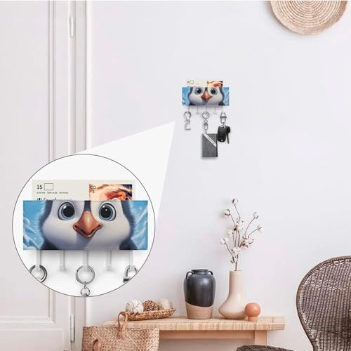 Porte-clés mural avec 5 crochets pingouin en cuir synthétique blanc pour la cuisine