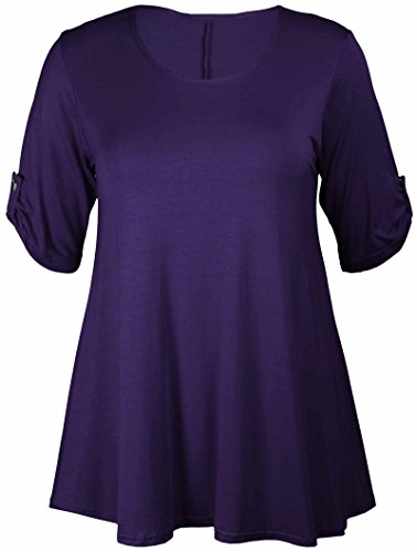 Image of New Womens Plus Size Stretch Fit Round Neck Plain Button Tops Ladies Three Quarter Turn Up Sleeve T-Shirt Top Purple Size 20