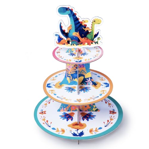 NUMINA 3 Tier Dinosaur Cupcake Stand for Birthday Decorations, Cupcake Stand Tower for Baby Shower Decorations, Cardboard Cupcake Display Stand, Cupcake Holder Stand for Party Decorations Supplies