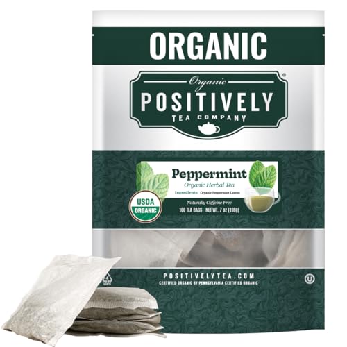Image of Organic Positively Tea Company, Peppermint Leaf Herbal Tea Bags, 100 Count, Eco-Friendly Tea Bags, Non-GMO