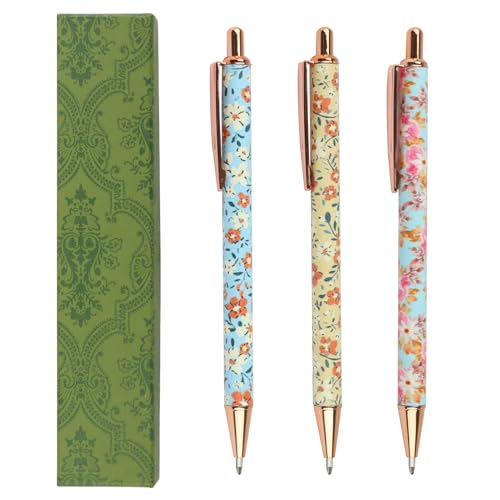 3Pcs Floral Ballpoint Pens with Gift Box,Valentine's Day Retractable Metal Rose Flower Art Ball Point Pen Set Fancy Floral Smooth Writing Pens 1.0mm Black Ink Teacher Office Stationery Gifts for Women