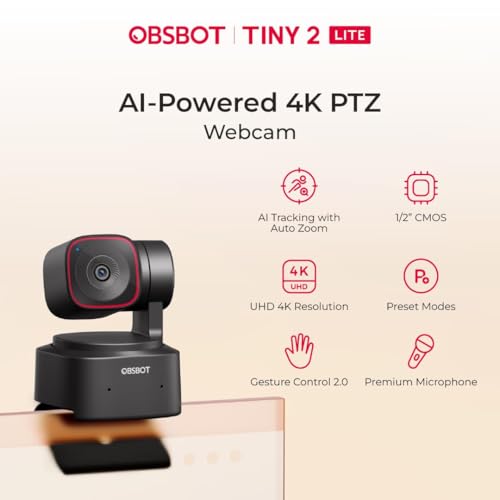 Image of OBSBOT Tiny 2 Lite AI-Powered 4K PTZ Webcam with AI Tracking, 1 /2″ Sensor, 1080p@60FPS HDR, Gesture Control, Dual Microphones, Auto Focus | Webcam for PC, Laptop, Streaming, Meetings & Video Calls