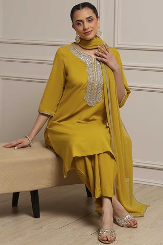 Image of BIBA Cotton Dyed Straight Festive Kurta With Palazzo And Dupatta