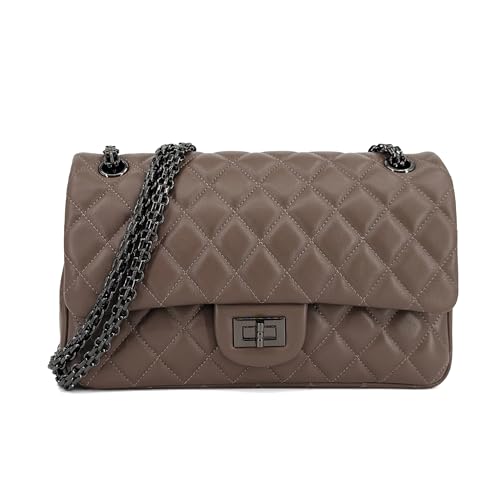 M-ioi-M Leather Crossbody Bag with Chain Strap, Mocha Brown