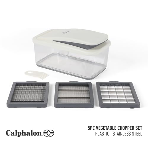 Image of Calphalon Aero Vegetable Chopper, 5-in-1 Food Chopper with Container, Manual Vegetable Dicer with Interchangeable Stainless Steel Blades for Slicing, Chopping & Meal Prep
