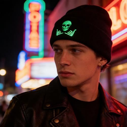 Image of Embroidered Skeleton Beanie Hat Winter Stretch Knit Skull Cap for Men Women