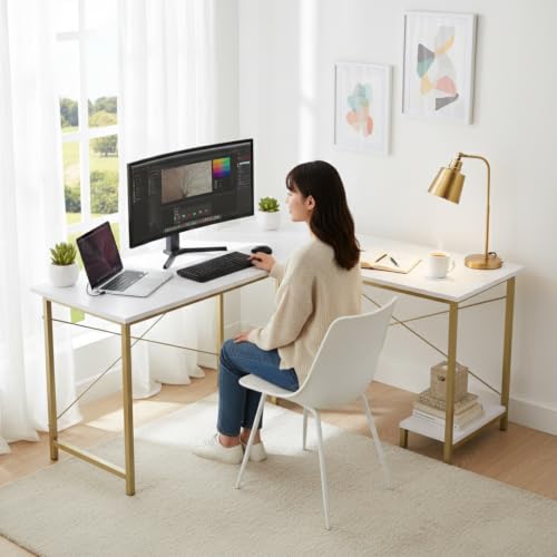Image of RIZIK Store L-Shaped Computer Desk | 50-Inch Corner Gaming & Study Table with Engineered Wood Top, Metal Frame & CPU Shelf | Writing Workstation for Bedroom, Office & Small Rooms (White Gold)
