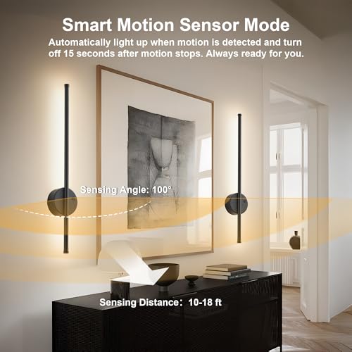 Image of KARTOOSH Black Battery Operated Wall Sconce Set of Two with Motion Sensor | Rechargeable Wireless Wall Lights with Remote Control, Dimmable, 3000K /4000K /6000K, Timer for Living Room, Hallway, 23.6 Inch