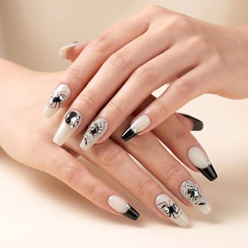 Sun&Beam Nails Handmade Press-on Long Coffin Ballerina Beige Black Halloween Spider Design False Nail Tips 10 Pcs (#133 L) miniatura 3