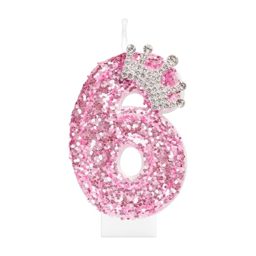 mciskin Velas de coroa de aniversário para meninas, decorações de aniversário número 6 rosa para menina, vela com purpurina número 6 para bolo, velas de lantejoulas rosa com coroa para decorações