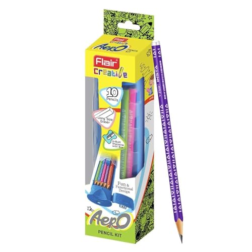 FLAIR Creative Series Aero Pencil Smart Kit | Coloured 2B Lead Pencils | Fun & Functional Box | Stationery Kit Ideal For Gifting | Set Of 10 Wooden Pencils, 1 Eraser & 1 In-Built Sharpener.