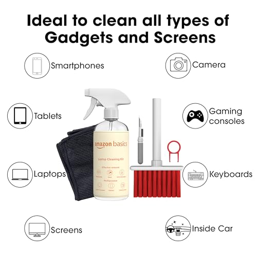 Image of Amazon Basics 5-in-1 Professional Cleaning Kit for AirPods, Keyboard, Lens, Binocular, Laptop, TV, Monitor, Smartphone, Tablet | Includes Microfibre Cloth & 500 ml Cleaning Liquid