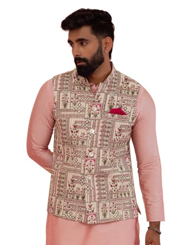 Men's White & Pink Printed Cotton Nehru Jacket- Traditional Indian Waistcoat for Weddings & Festive Occasions