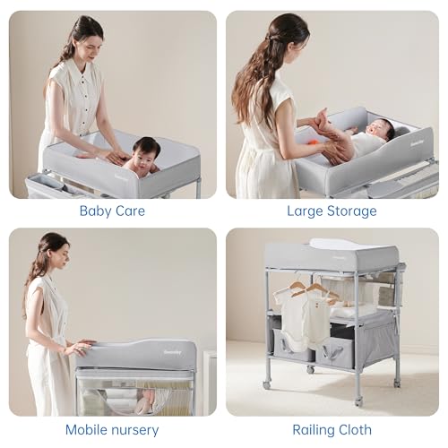 Image of Sweeby Portable Baby Changing Table, Foldable Changing Table Dresser Changing Station for Infant, Waterproof Diaper Changing Table Pad Topper, Mobile Nursery Organizer for Newborn Essentials,LightGrey