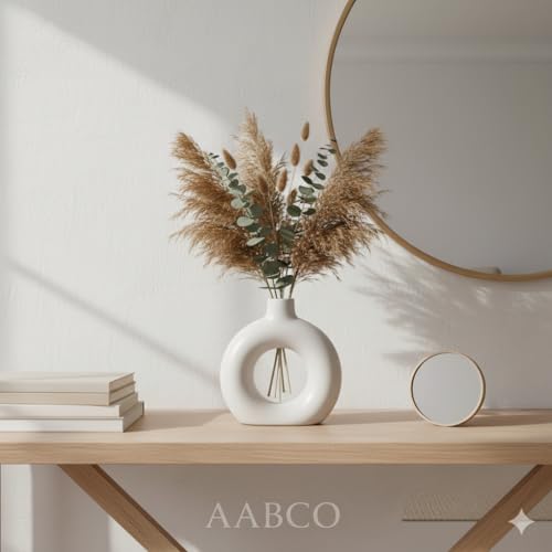 Image of Modern Ceramic Ring Vase with Pink Floral Stems, White, Decorative Flower Holder for Home (5 INCH)