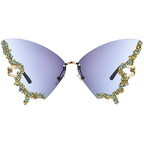 Luxury Diamond Butterfly Sunglasses Women Vintage Rimless Oversized Rhinestone Bling Sun Glasses Ladiesy2K Eyewear (Blue) #TOP10