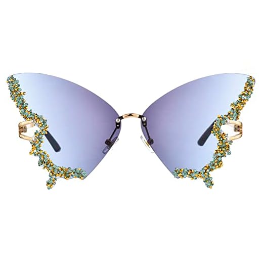 Luxury Diamond Butterfly Sunglasses Women Vintage Rimless Oversized Rhinestone bling Sun Glasses LadiesY2K Eyewear (blue)