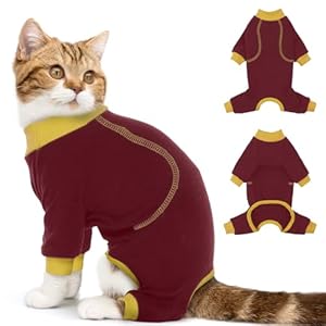 DENTRUN Cat Hair Sticky Onesie, Recovery Suit for Female Male After Surgery, Kitten Surgical Cone Alternative Shirt, Hair Spreading Prevent Clothes, Pajama Apparel, Red XXL