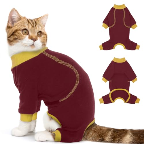 DENTRUN Cat Hair Sticky Onesie, Recovery Suit for Female Male After Surgery, Kitten Surgical Cone Alternative Shirt, Hair Spreading Prevent Clothes, Pajama Apparel, Red XXL