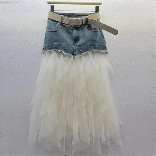 Women's Irregular Denim Tulle Skirts High Waist Mid-Length Mesh Pleated Mini Skirts Denim Patchwork Skirt2