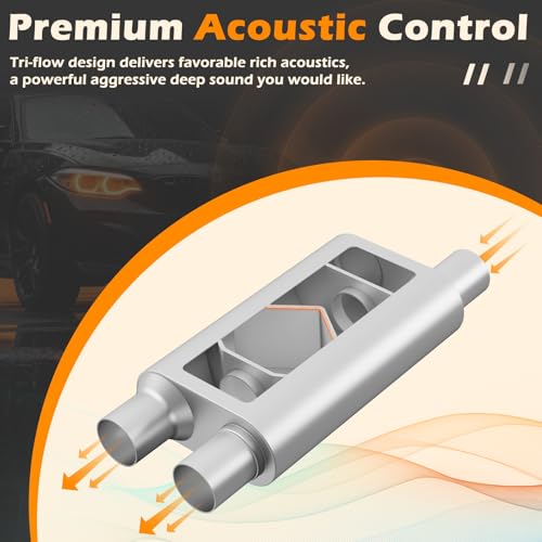 Image of A-KARCK Universal Exhaust Muffler 2.5 inch Center Inlet 2.5 inch Dual Outlet, 21 inch Overall Length Aluminized Steel Aggressive Sound Race Muffler for Cars, Trucks