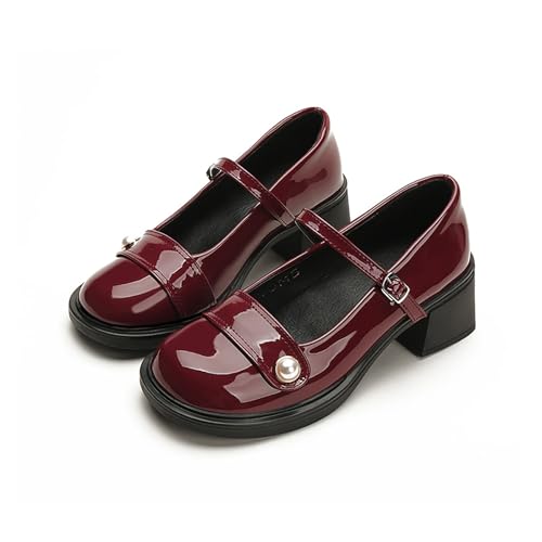 Women'S Patent Leather Pearl Chunky Heel Platform Mary Jane Shoes with Adjustable Buckle Comfortable Round Toe Non-Slip Block Heel Pumps for Wedding Party Office Dress Shoes