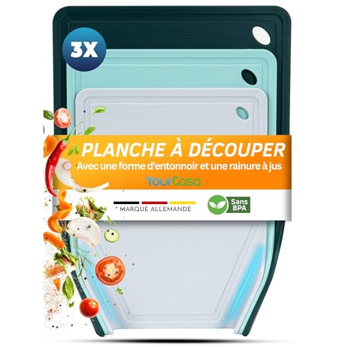 YourCasa Lot de 3 planches à découper avec rainure à jus - Antidérapantes - Passe au lave-vaisselle - Tons verts