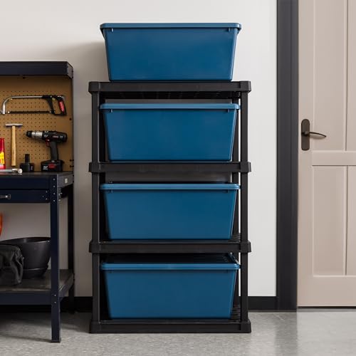 Image of IRIS USA 91 Qt Stackable Plastic Storage Bins with Lids, 4 Pack - BPA-Free, Eco-Friendly, Discreet Organizing Solution, Latches, Durable Nestable Containers, Secure Pull Handle, Made in USA - Navy
