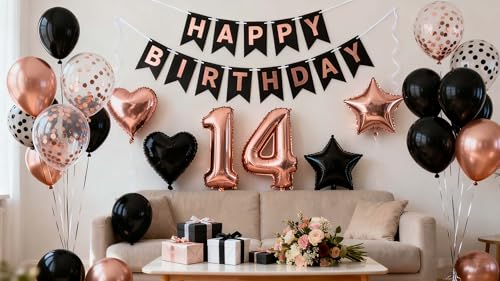 14.Geburtstag Luftballons Schwarz Roségold Ballon 14. Geburtstag Banner Party Nummer 14 Folienballons für 14 Jahre Mädchen Jubiläum(14.)