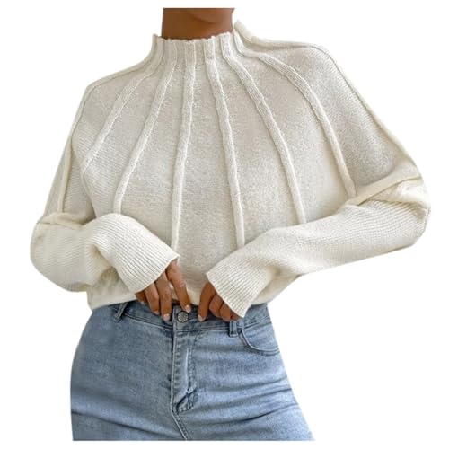 Jersey de punto de color liso para mujer con cuello alto simulado y manga murciélago