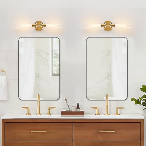 Image of Wall Sconces Set of Two, Hardwired Brushed Gold Bathroom Sconces Wall Lighting with Clear Glass, Modern Sconces Wall Decor Set of 2 Bathroom Light fixtures for Mirror Hallway (Bulbs Not Included)