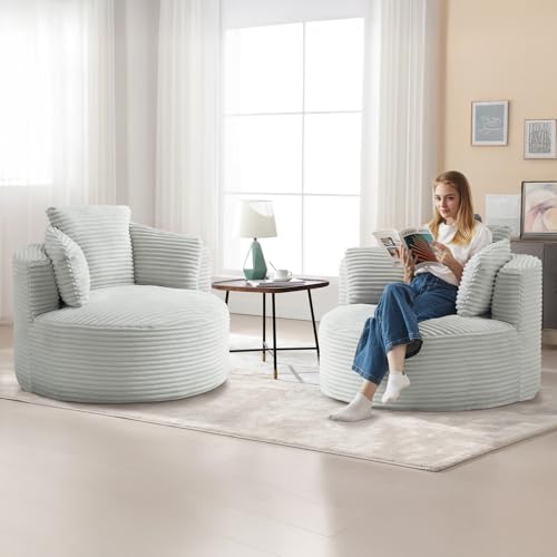 Image of 48.8-inch Round Chair, Modern Accent Corduroy Comfy Deep Seat Boneless Foam Floor Single Circle Chaise Sofa Chair with 3 Pillows for Living Room Bedroom Office, No Assembly Required, Light Grey
