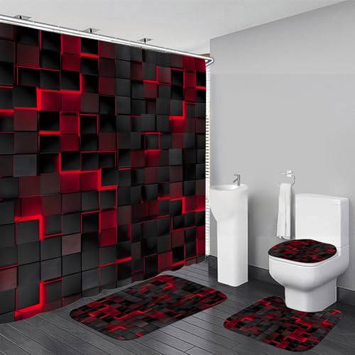 LQCOOL 4Pcs Shower Curtain Set Black 3D Cubes Shower Curtain Set Modern Bathroom Sets with Shower Curtain and Rugs Red Shower Curtain with 12 Hooks