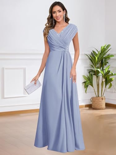 GUKARLEED Women’s Pleated Mother of The Bride Dresses Cap Sleeves Chiffon Lace Appliques V Neck Formal Wedding Guest Dress2